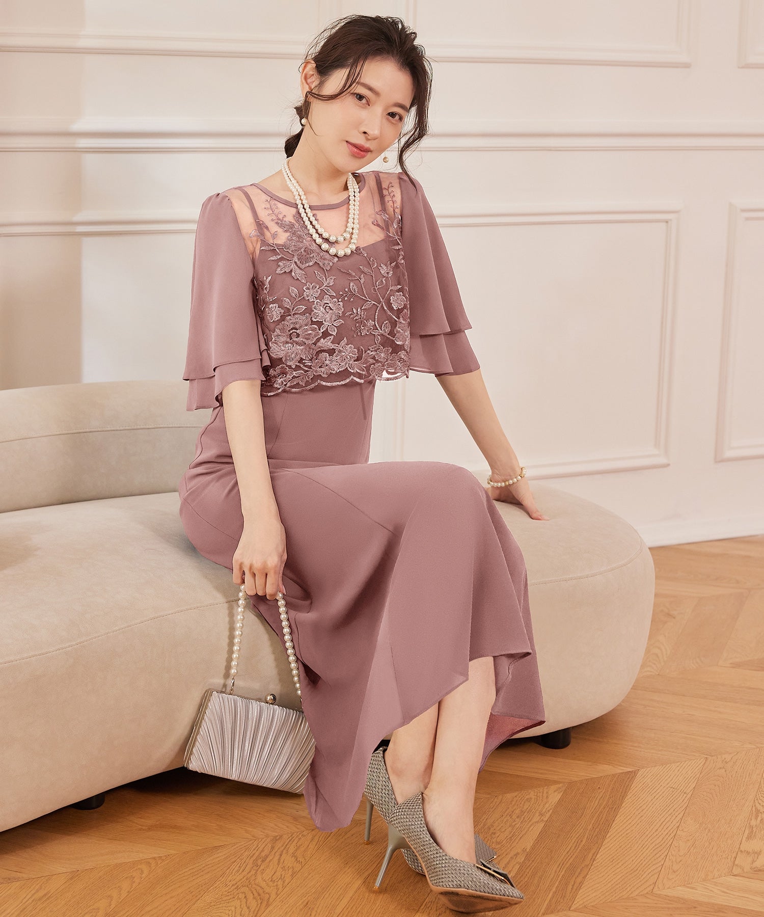 ドレスプラス DRESS+ レイヤードワンピース 花柄刺繍 パーティー (スモークピンク) スモークピンク