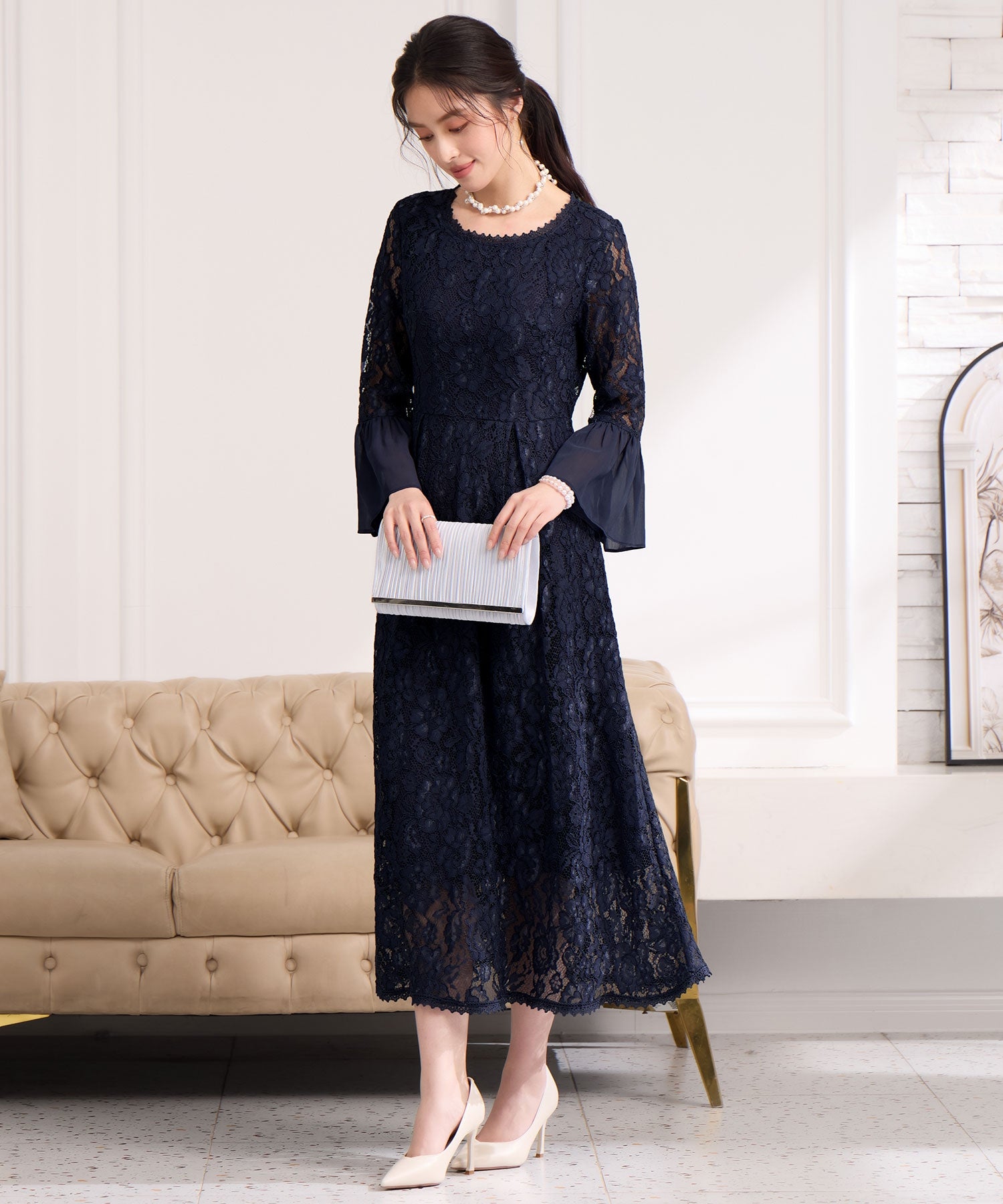 ドレスプラス DRESS+ 総レースが大人上品なドレスワンピース (ネイビー) ネイビー