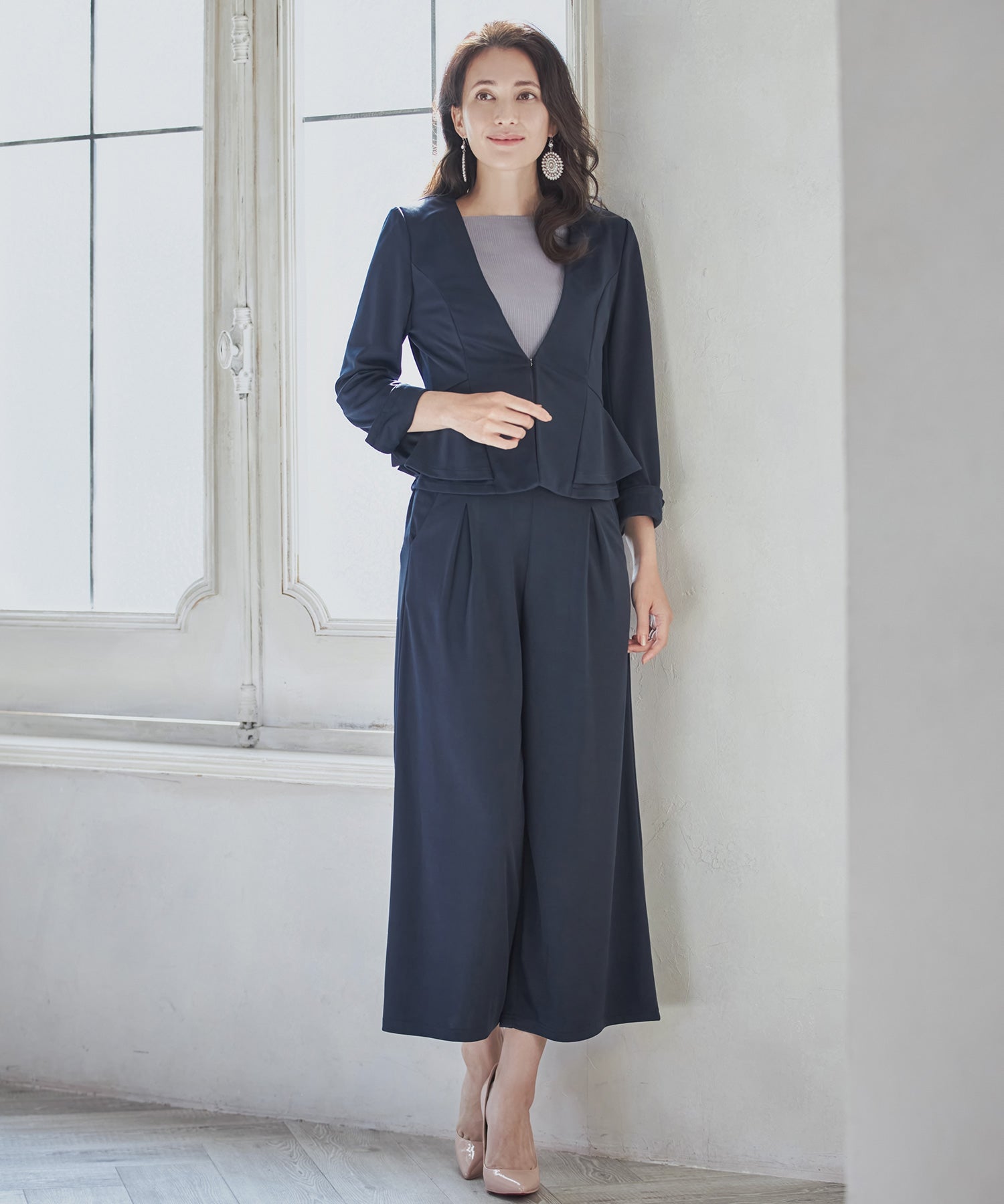 ドレスプラス DRESS+ セットアップ スーツ ウォッシャブル ジャケット ワイドパンツ  OL 通勤服 入学式 卒業式 (ネイビー) ネイビー