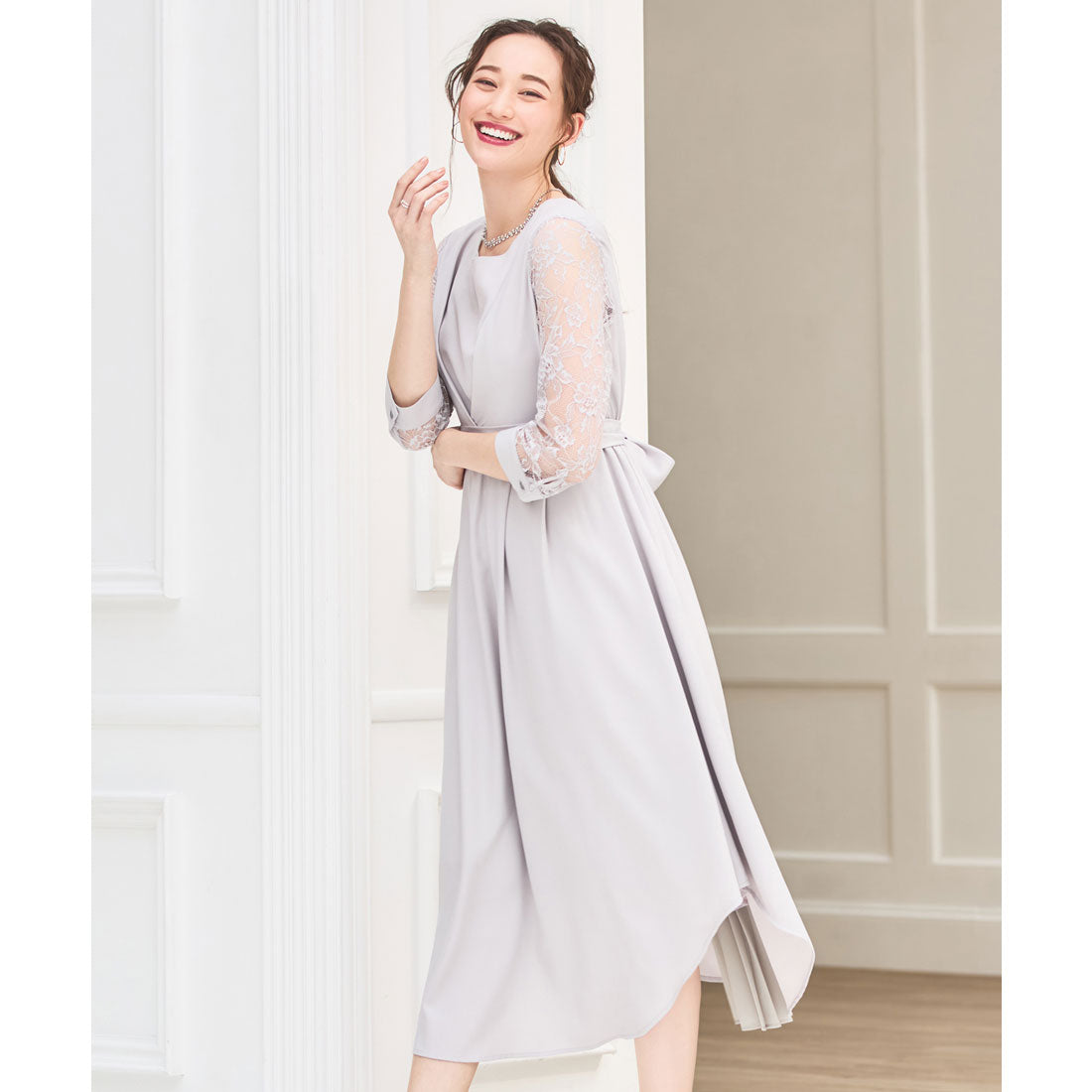 ドレスプラス DRESS+ パーティードレス 2way レース 大人可愛い ドッキングワンピース 脚長効果 プリーツ加工 レース袖