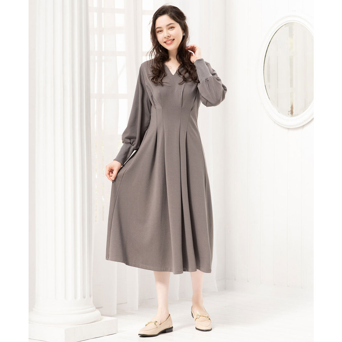 ドレスプラス DRESS+ ワンピース フレア Aライン 長袖 ストレッチ素材 スタイルUP (アッシュブラウン) アッシュブラウン