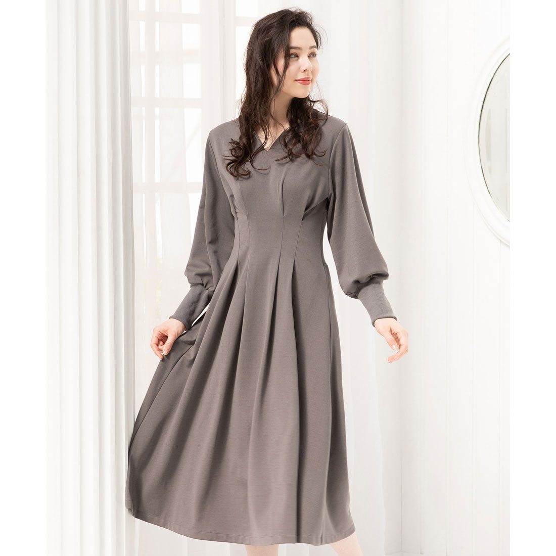 ドレスプラス DRESS+ ワンピース フレア Aライン 長袖 ストレッチ素材 スタイルUP (アッシュブラウン) アッシュブラウン