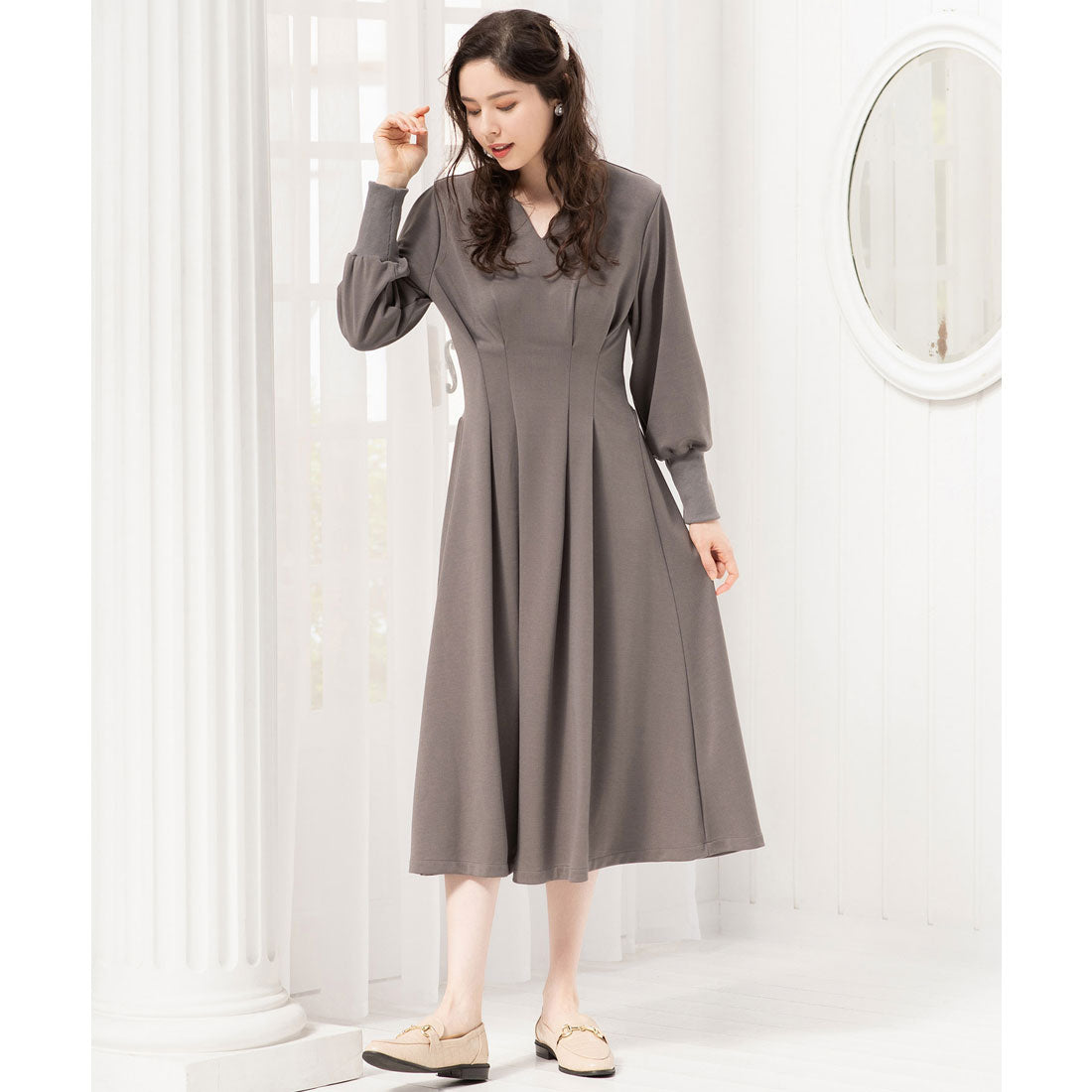 ドレスプラス DRESS+ ワンピース フレア Aライン 長袖 ストレッチ素材 スタイルUP (アッシュブラウン) アッシュブラウン