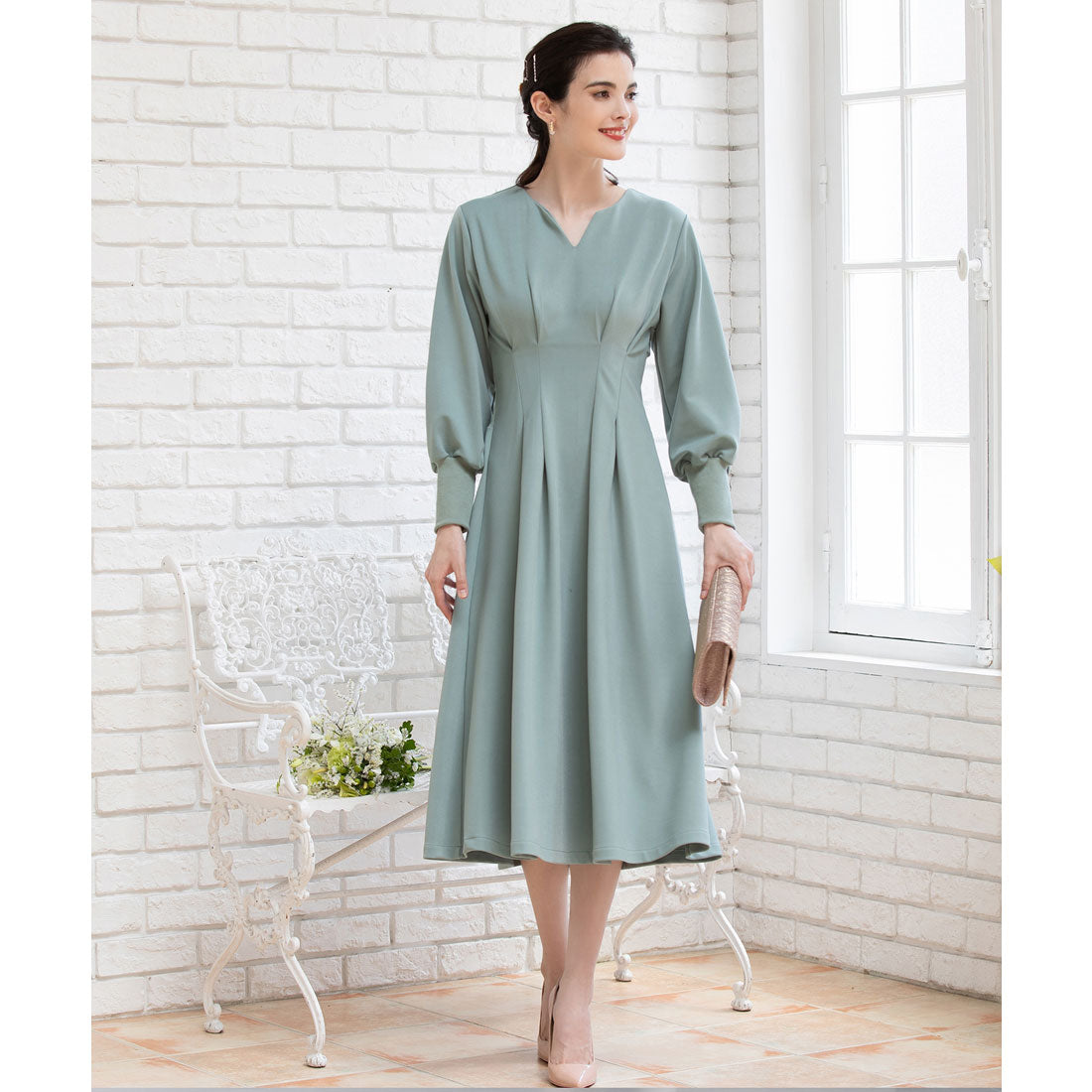 ドレスプラス DRESS+ ワンピース フレア Aライン 長袖 ストレッチ素材 スタイルUP