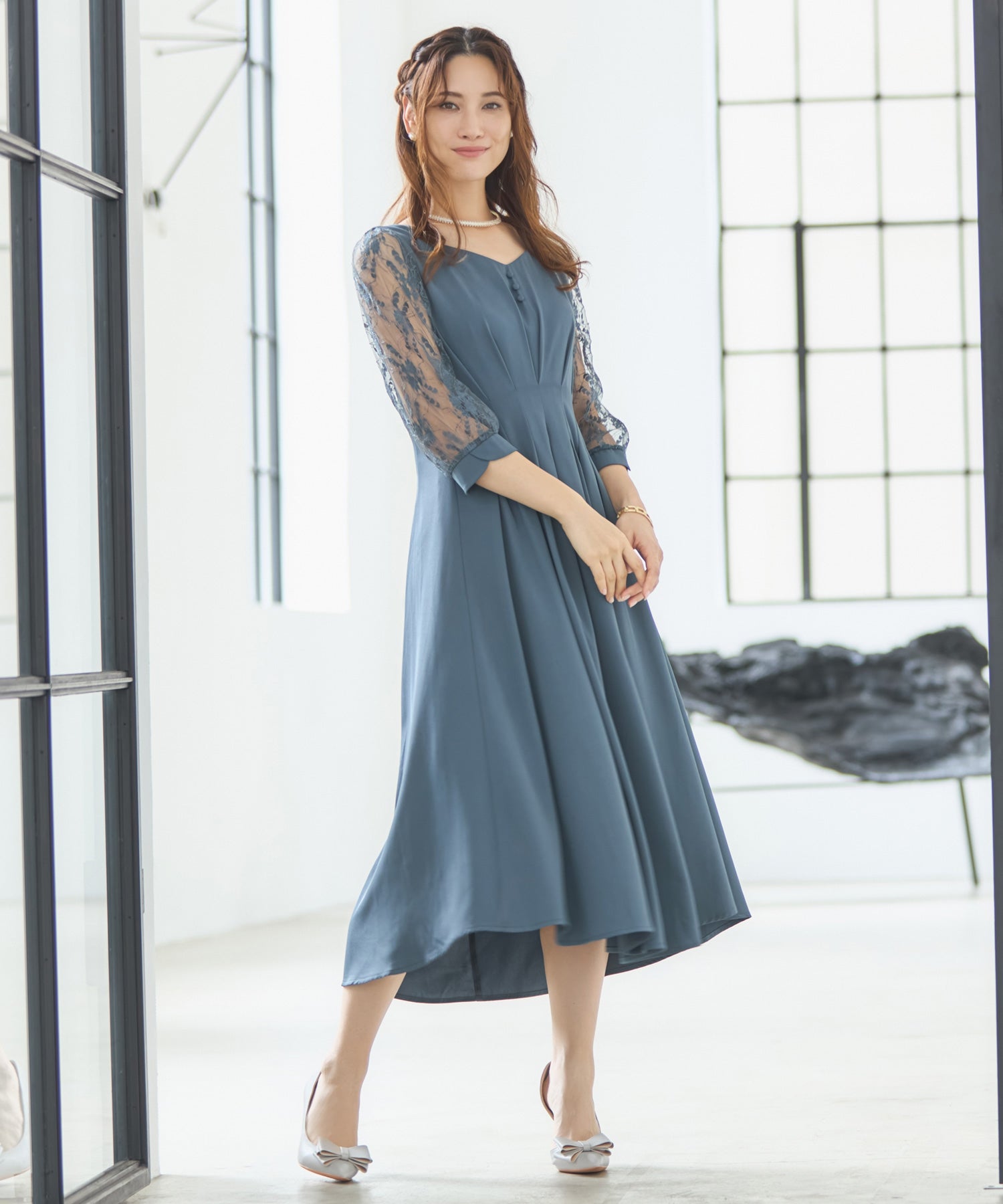 MARK&LONA 25SS EVOLVE FLARE DRESSワンピース DRESS+ One-piece dress, flare, A-line, mid-calf length, sleeves, waist