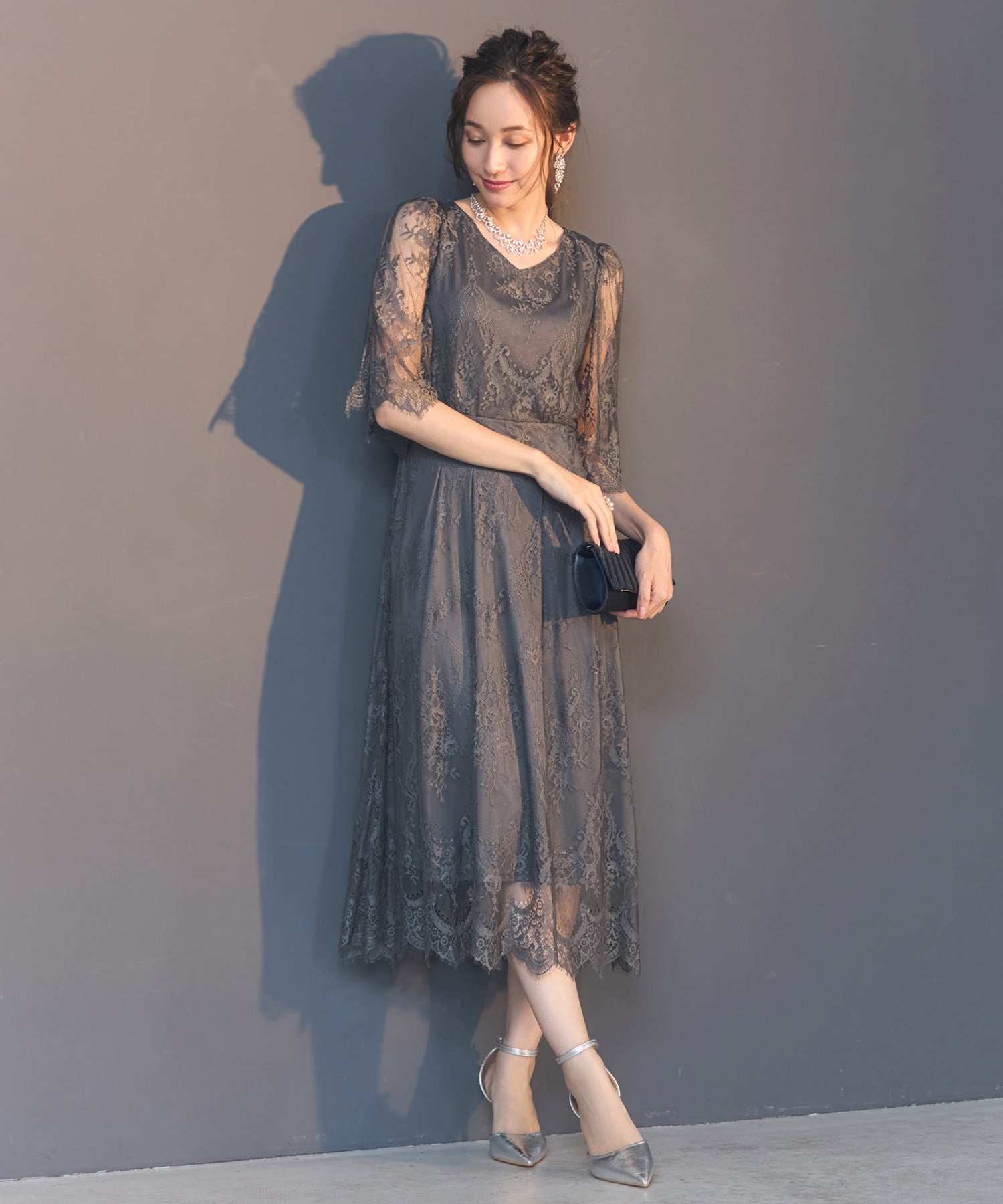 DRESS+ One-piece dress, all-lace, A-line, midi length, wedding, recept