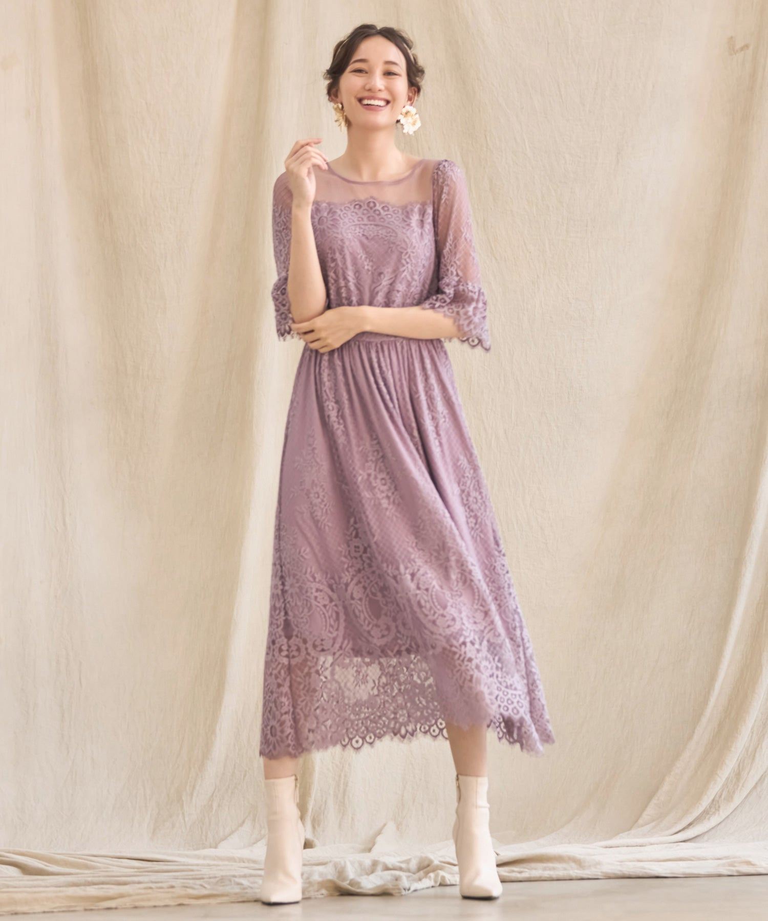 ドレスプラス DRESS+ ワンピース ドレス レース チュール フレア Aライン ミモレ丈 パーティードレス 結婚式