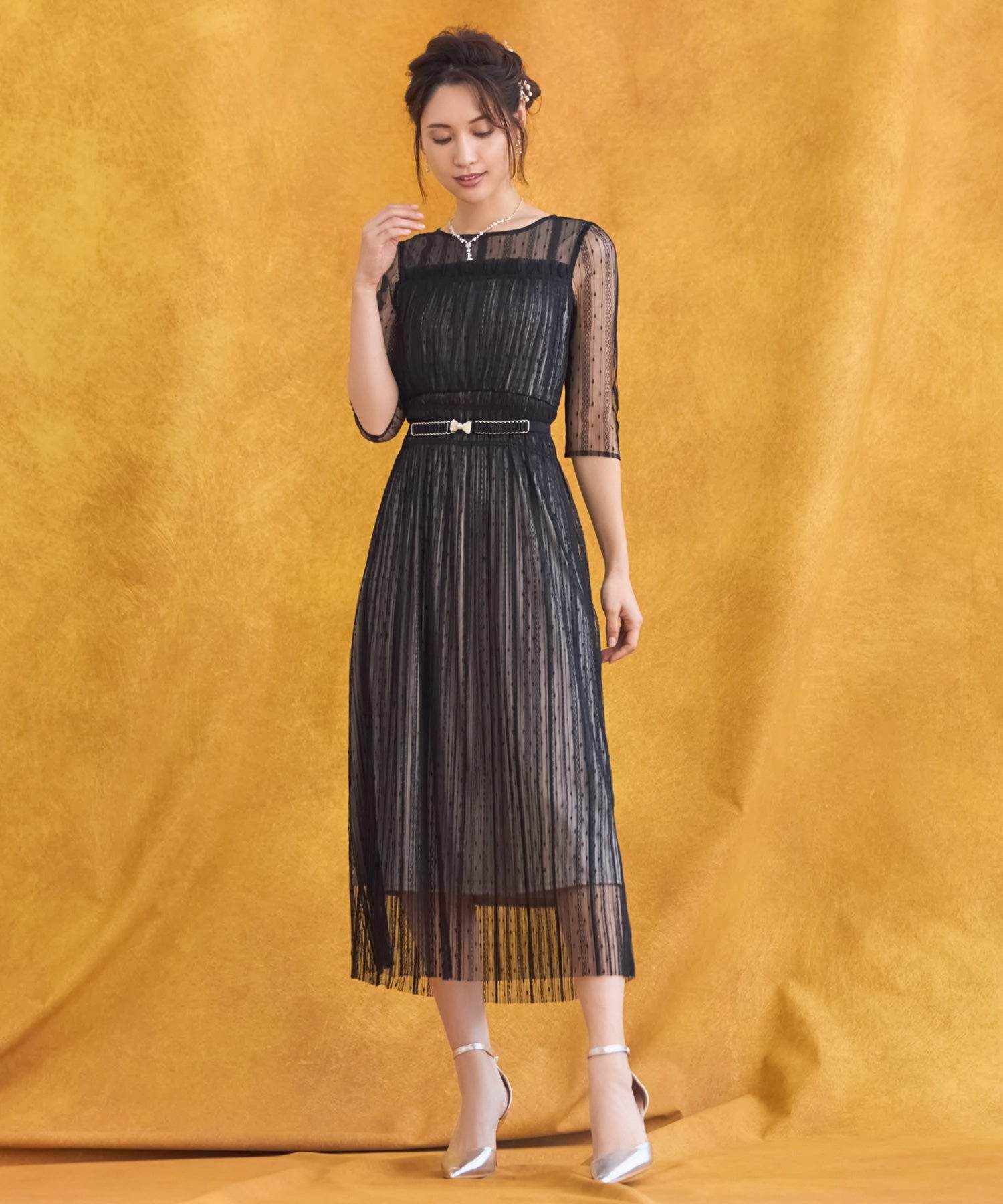 DRESS+ Tulle Dress One Piece Sheer 5/4 Sleeve Midi Length Pleated Wedding Party Dress DRESS+ Tulle Dress One Piece Sheer 5/4 Sleeve Midi Length Pleated Wedding Party Dress