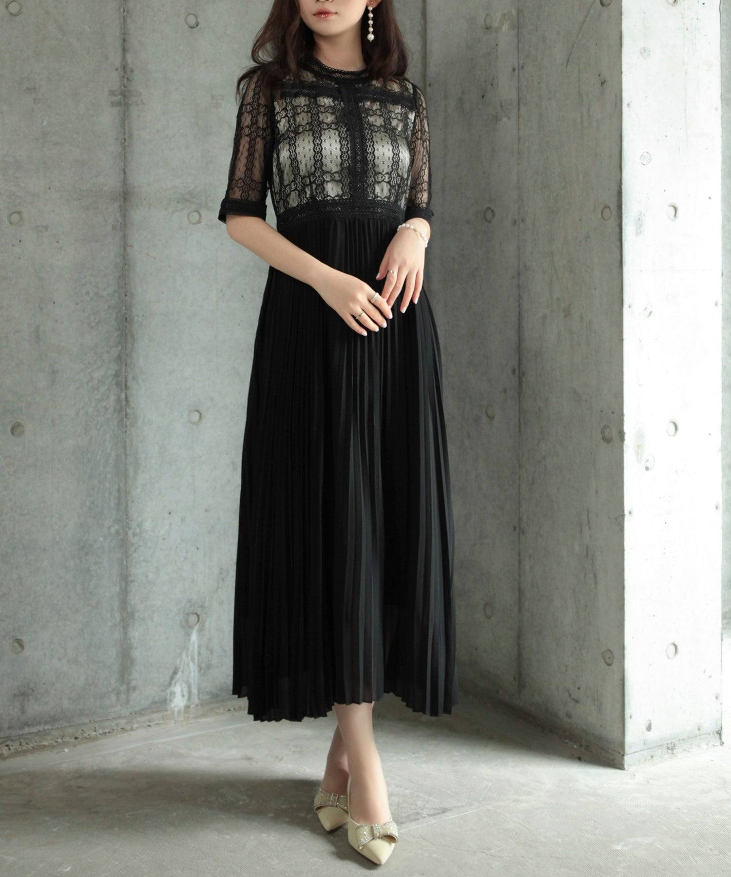 DRESS+ One-piece dress, sheer material, lace, pleated, mid-calf length,  sleeved party dress