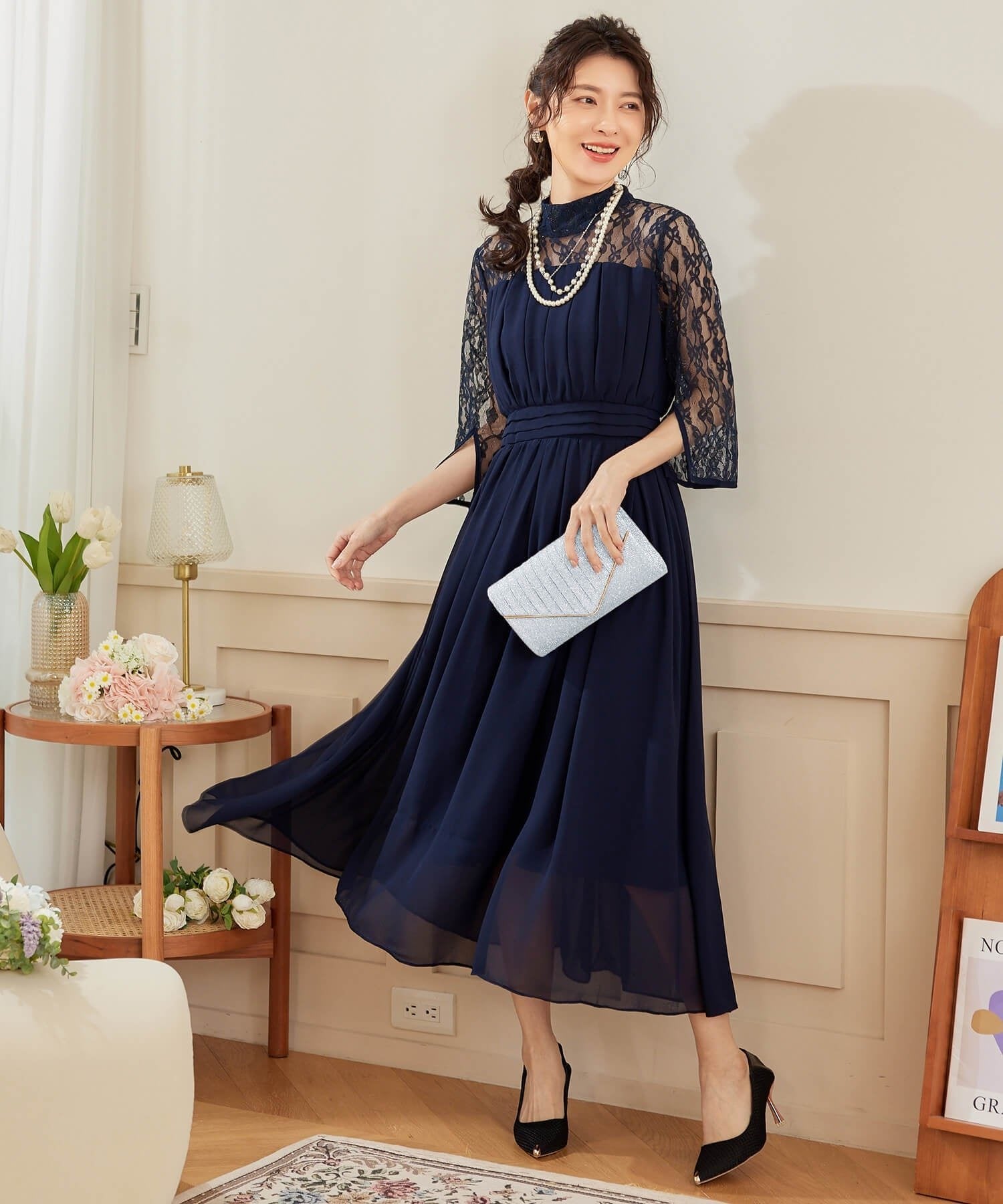 ドレスプラス DRESS+ パーティードレス ワンピース レース切替 ロング丈