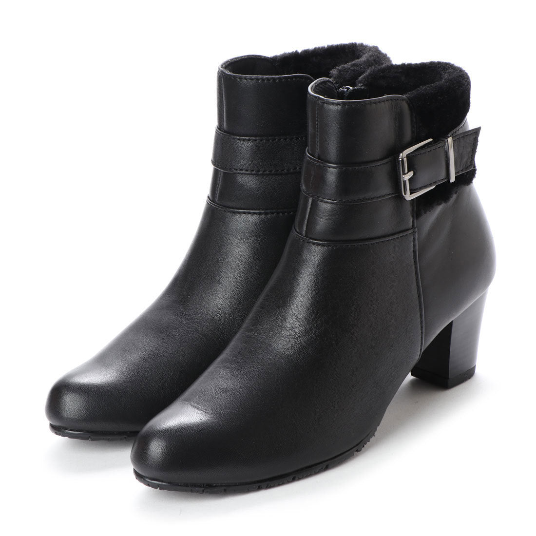 エスプレッソ Espresso 楽ちん ソフトレザー ボアデザインヒールブーツ,ブラック