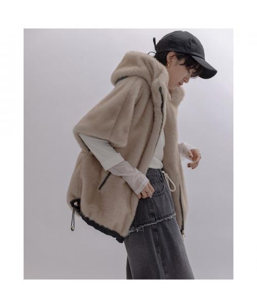 エイミー ロウ Eimee Law Eimee Law ベストコート 84389L ミンクファー フーディ ドロスト (IVGY/ライトグレー) IVGY/ライトグレー