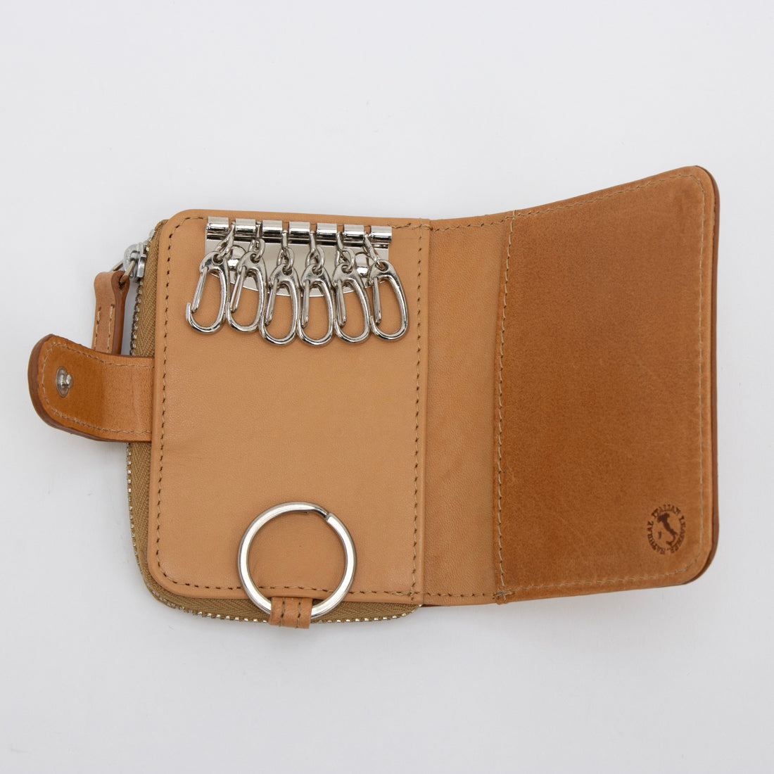 イーモノ e-mono キーケース メンズ 小銭入れ付き 本革 牛革 6連 イタリアンレザー ブッテーロ ミニ財布 エイジング 経年変化 (キャメル) キャメル