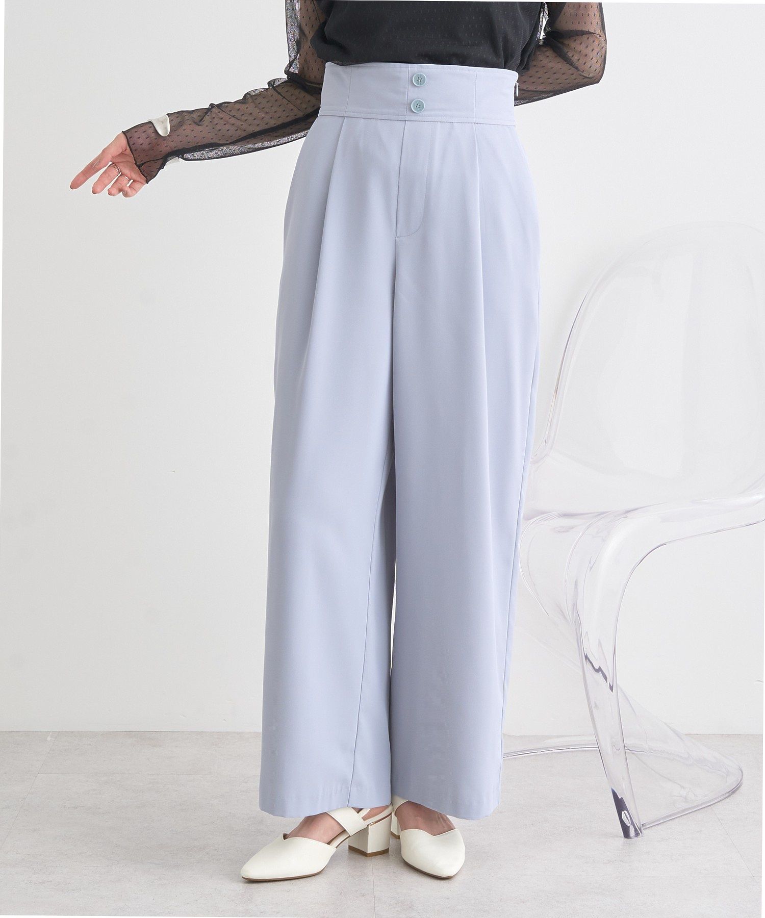 アースミュージックアンドエコロジー earth music&ecology ハイウエストワイドパンツ (グレー) グレー