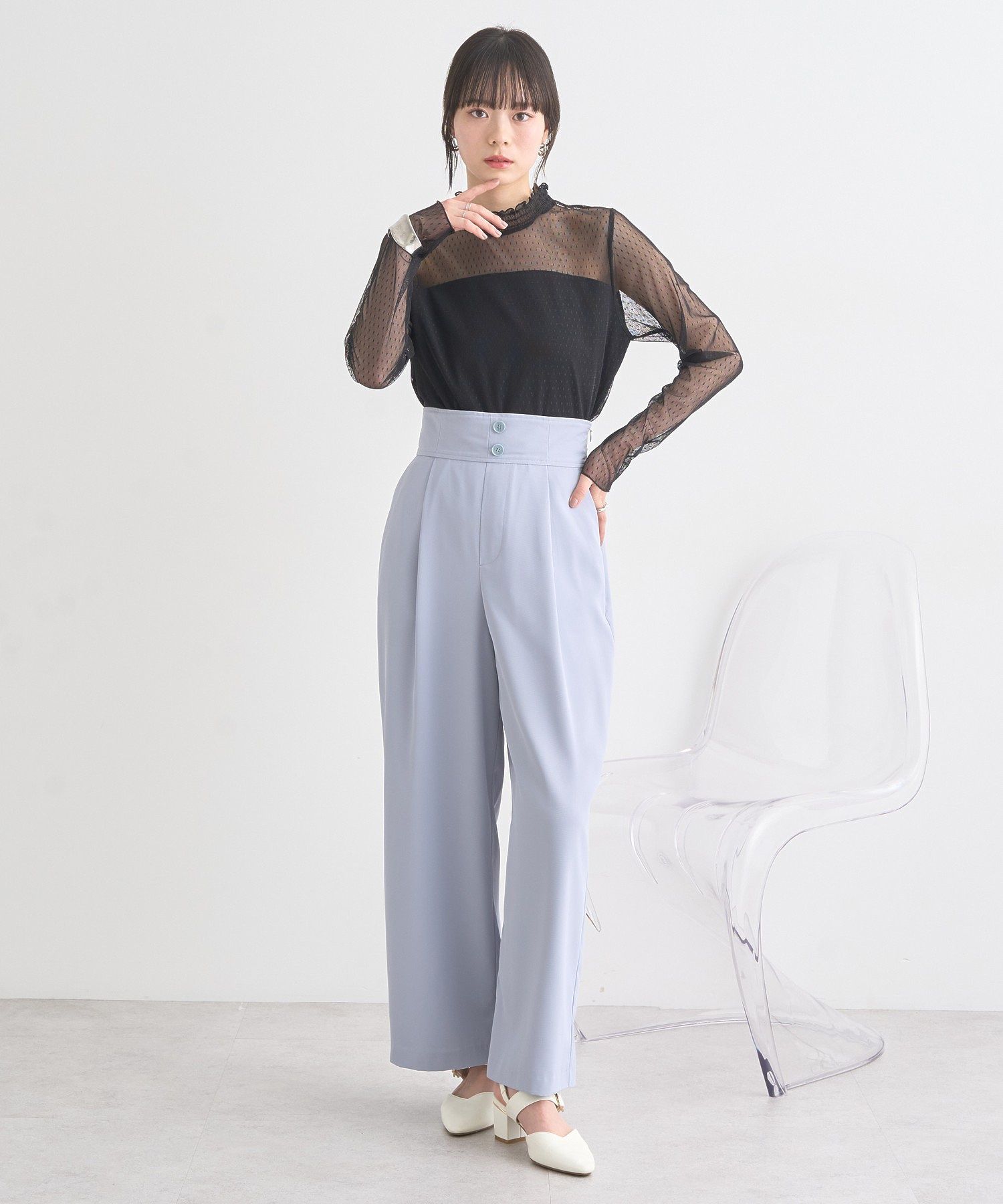 アースミュージックアンドエコロジー earth music&ecology ハイウエストワイドパンツ (グレー) グレー