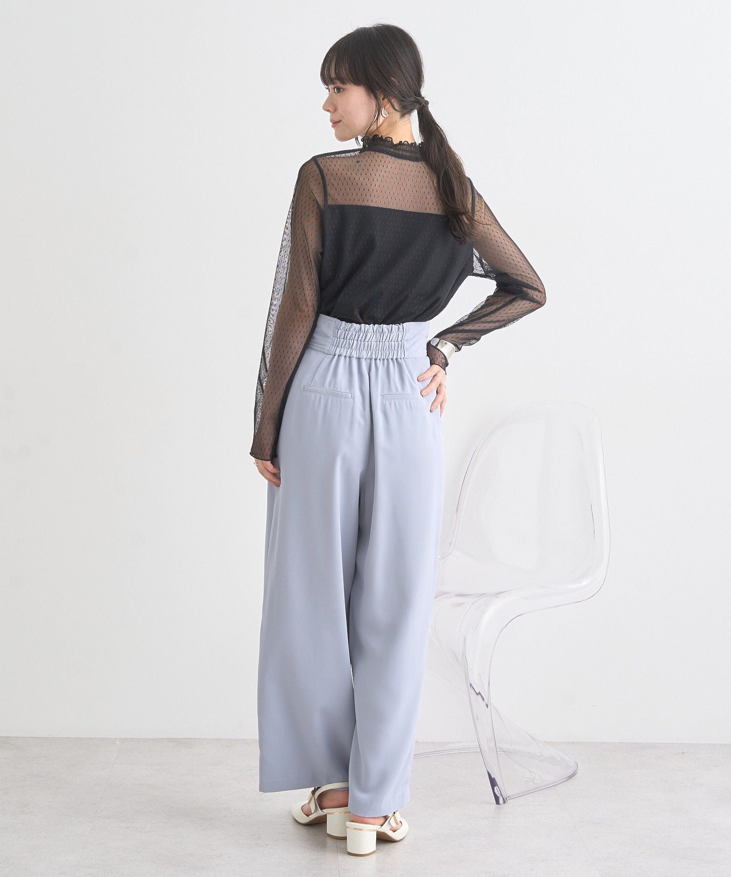 アースミュージックアンドエコロジー earth music&ecology ハイウエストワイドパンツ (グレー) グレー