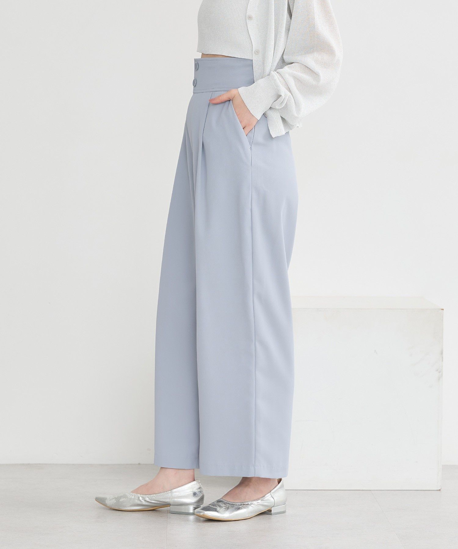 アースミュージックアンドエコロジー earth music&ecology ハイウエストワイドパンツ (グレー) グレー