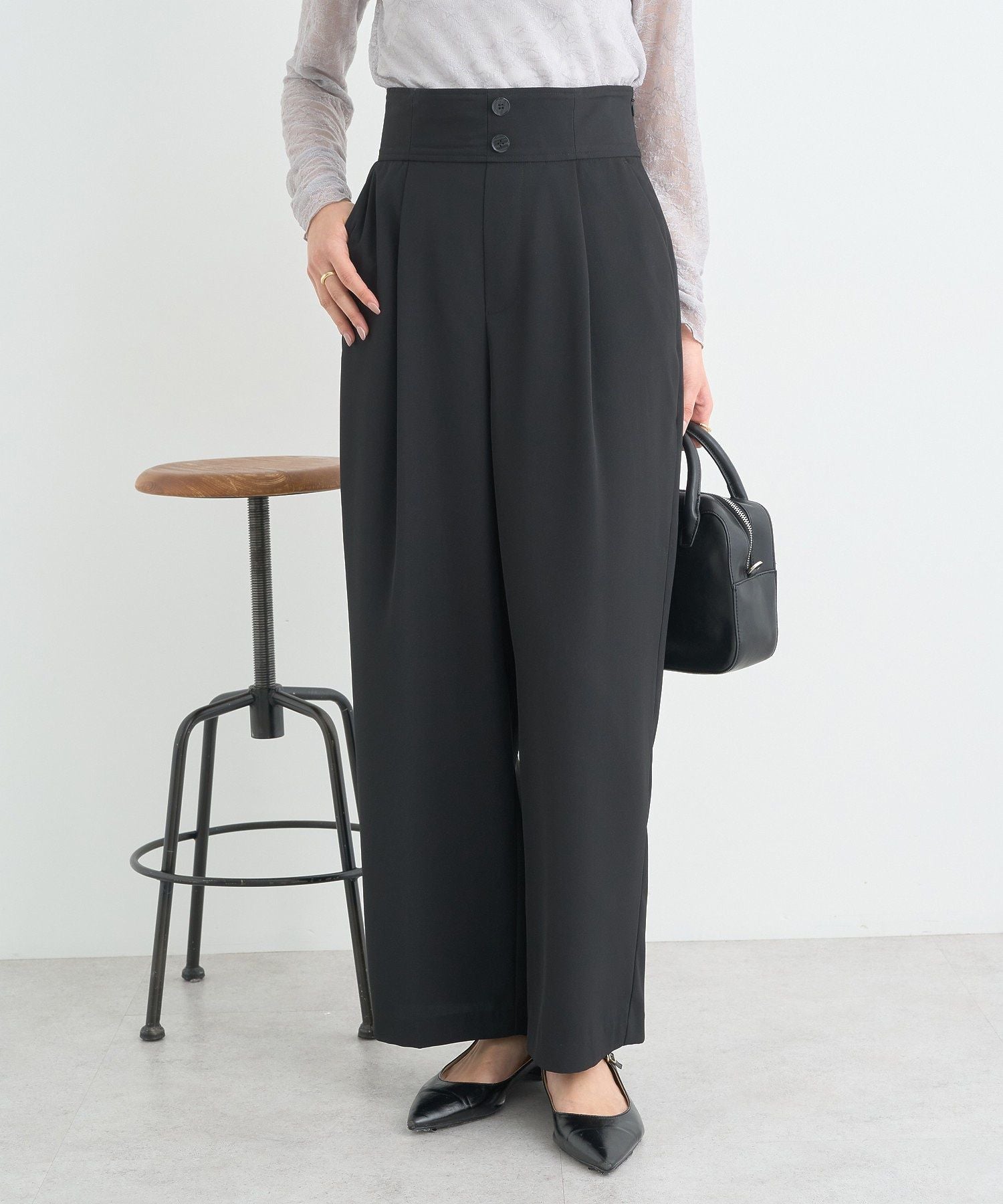 アースミュージックアンドエコロジー earth music&ecology ハイウエストワイドパンツ (グレー) グレー