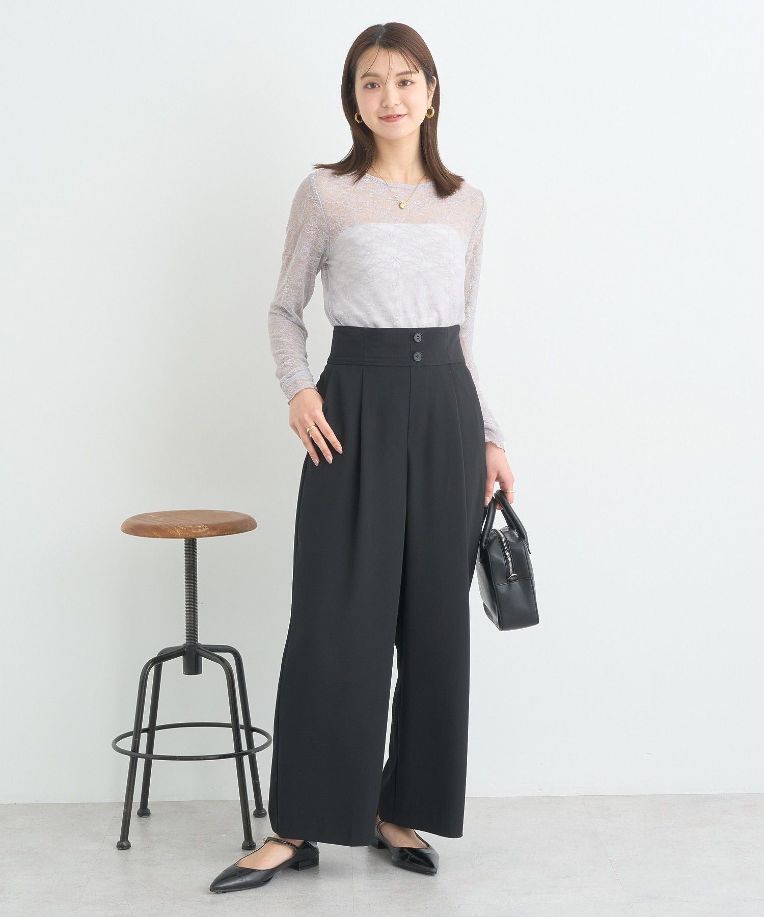 アースミュージックアンドエコロジー earth music&ecology ハイウエストワイドパンツ (グレー) グレー