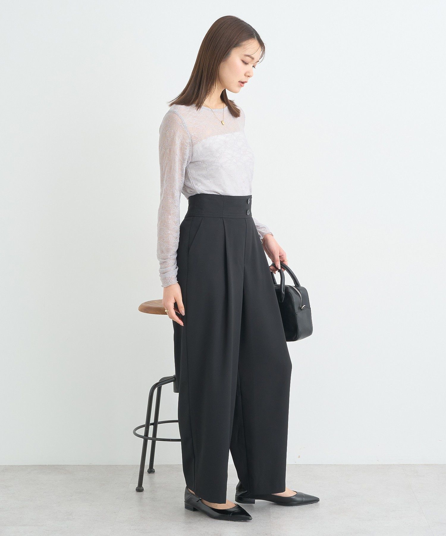 アースミュージックアンドエコロジー earth music&ecology ハイウエストワイドパンツ (グレー) グレー