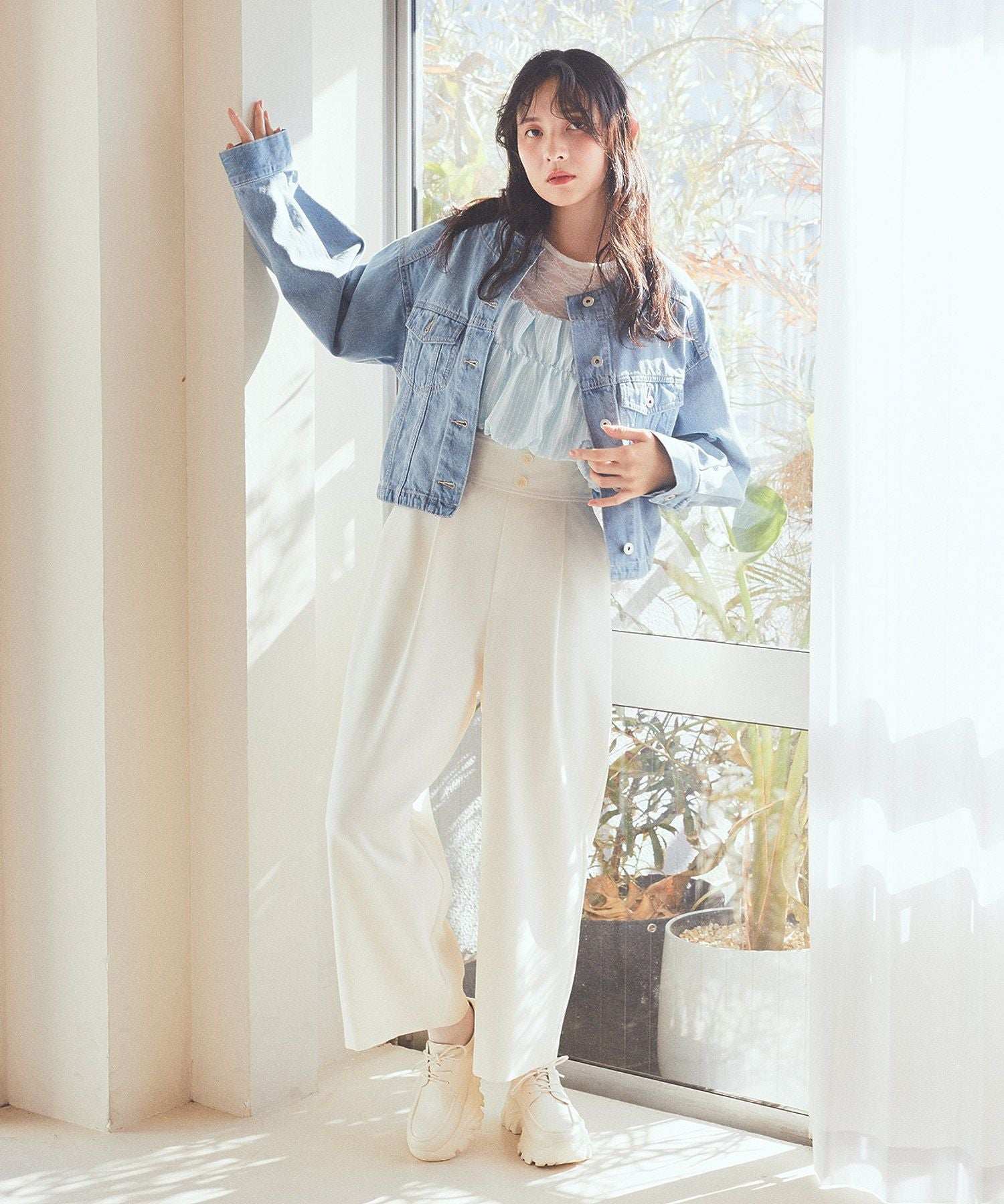 アースミュージックアンドエコロジー earth music&ecology ハイウエストワイドパンツ (グレー) グレー