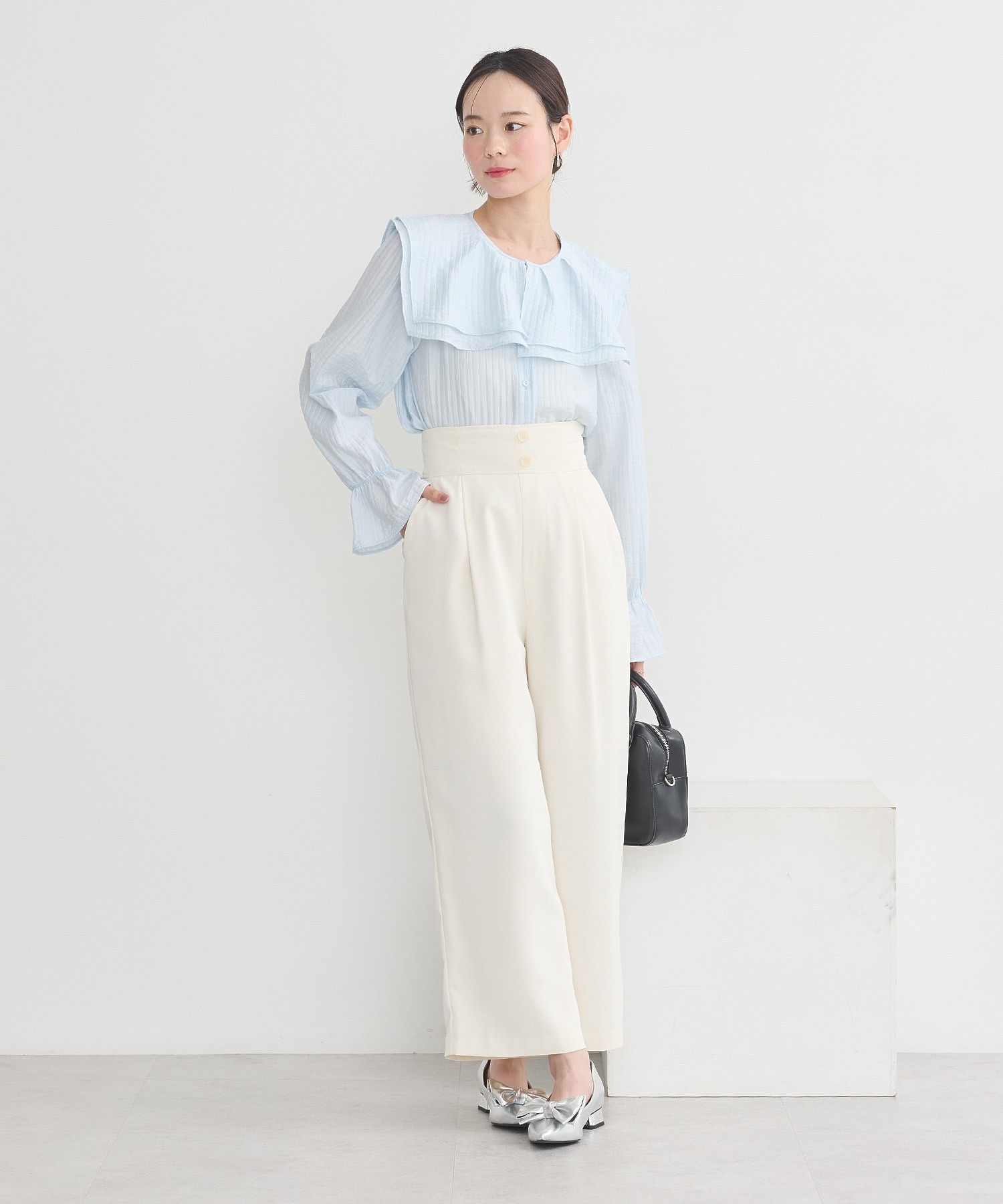 アースミュージックアンドエコロジー earth music&ecology ハイウエストワイドパンツ (グレー) グレー