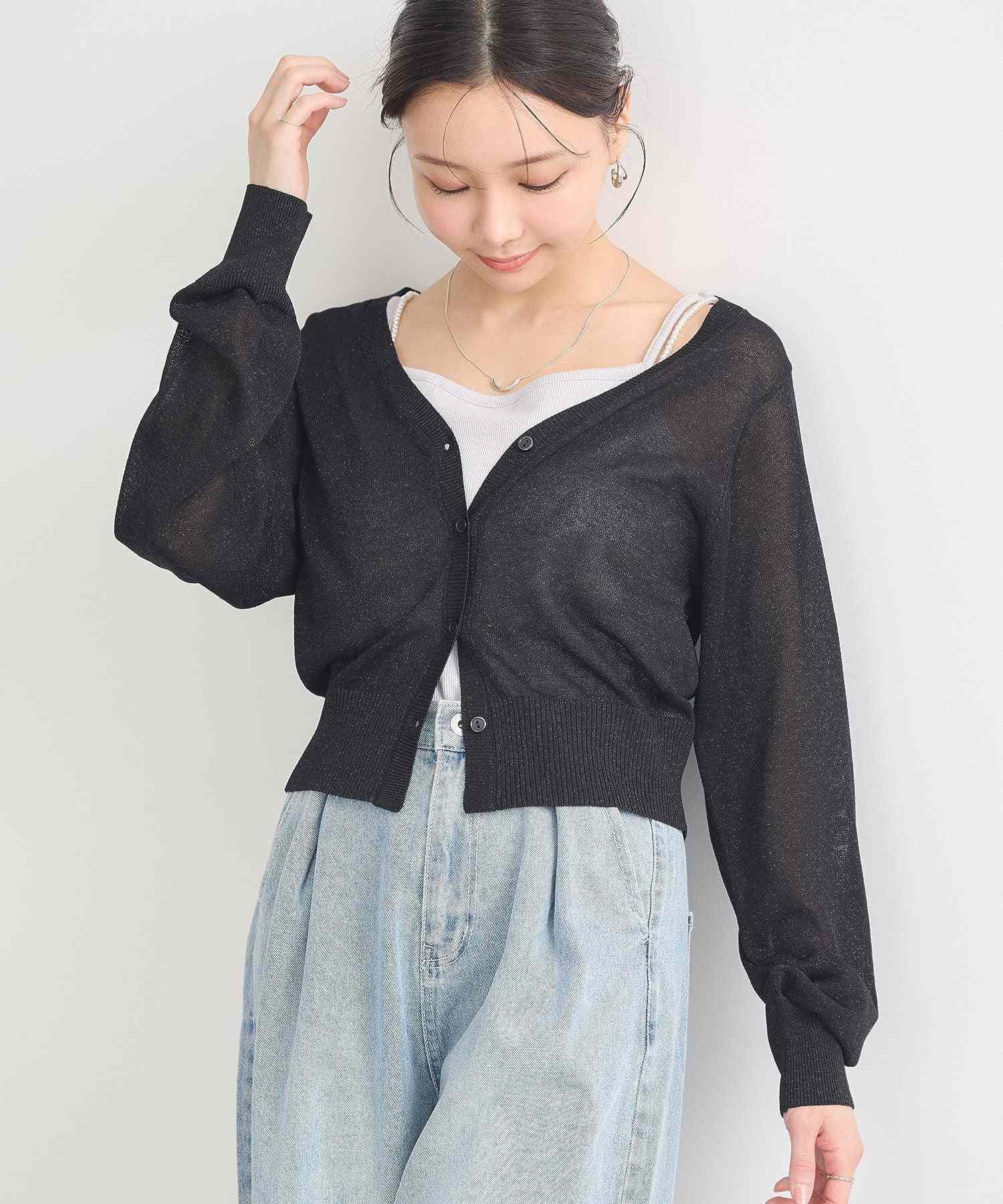 アースミュージックアンドエコロジー earth music&ecology シアーラメVネックカーディガン (ブラック) ブラック