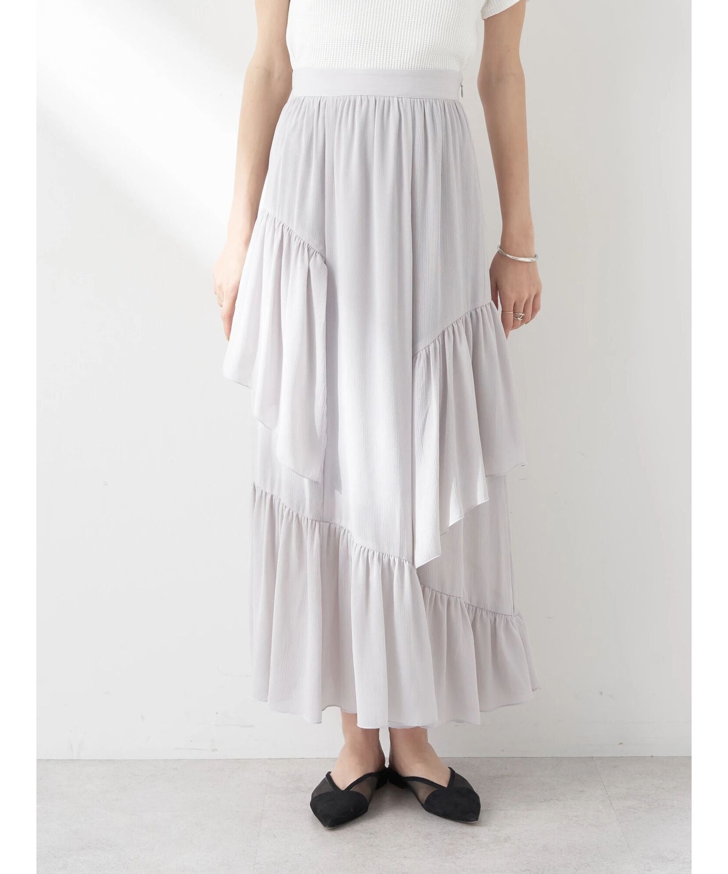 アースミュージックアンドエコロジー earth music&ecology シアー楊柳アシメティアードスカート (ライトグレー) ライトグレー