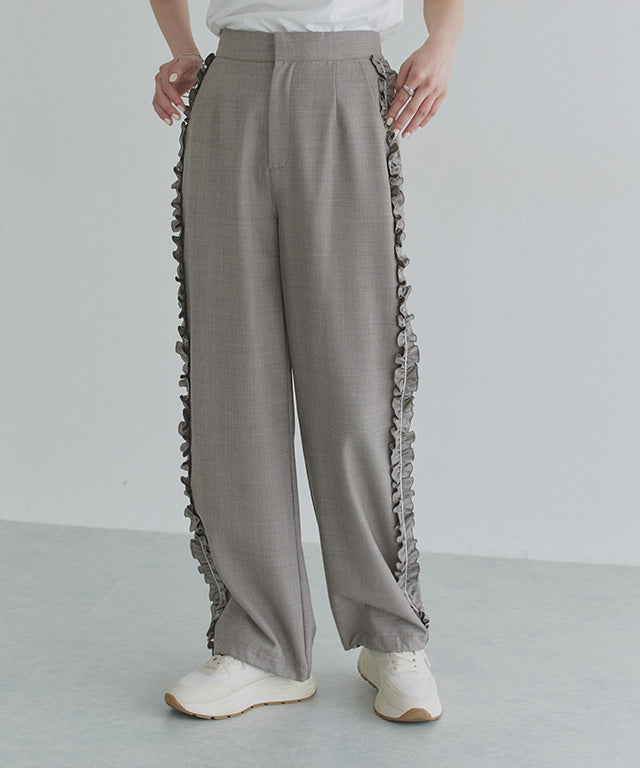 クラム ECLAM サイドフリルデザインパンツ (杢グレージュ) 杢グレージュ
