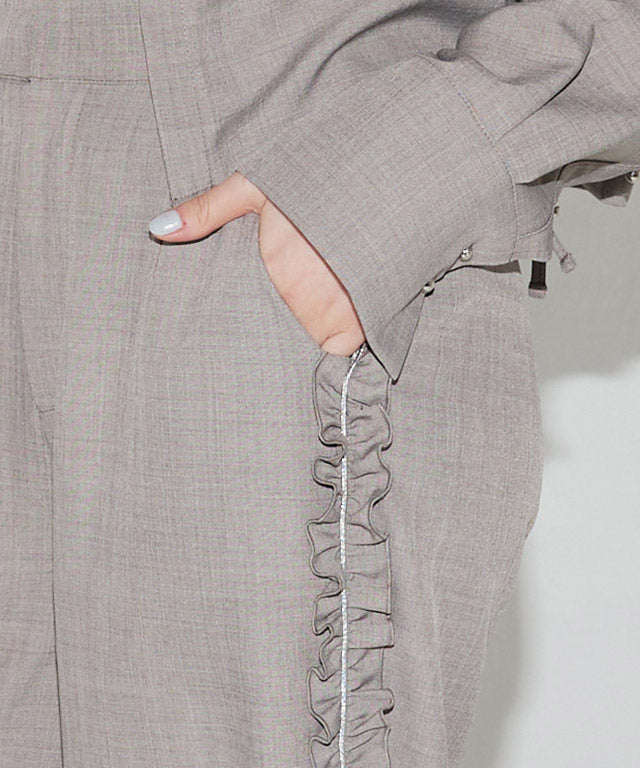 クラム ECLAM サイドフリルデザインパンツ (杢グレージュ) 杢グレージュ