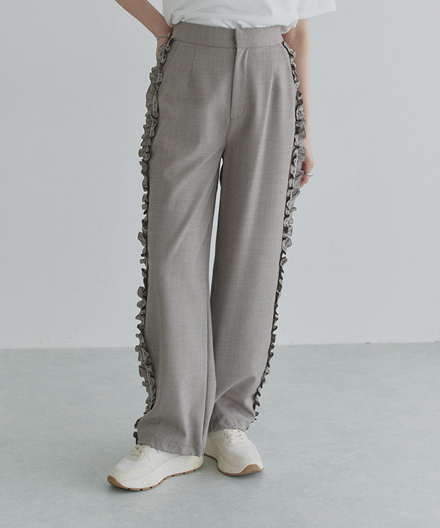 クラム ECLAM サイドフリルデザインパンツ (杢グレージュ) 杢グレージュ