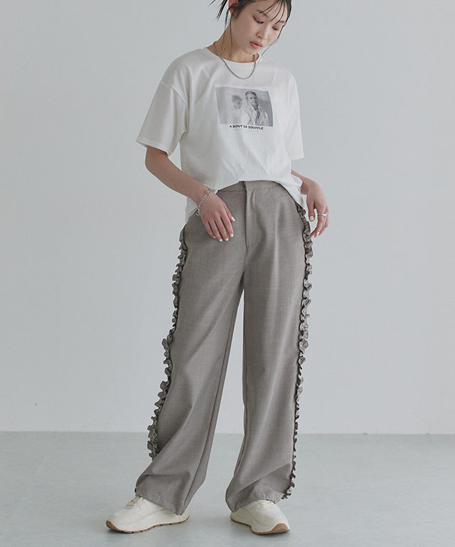 クラム ECLAM サイドフリルデザインパンツ (杢グレージュ) 杢グレージュ