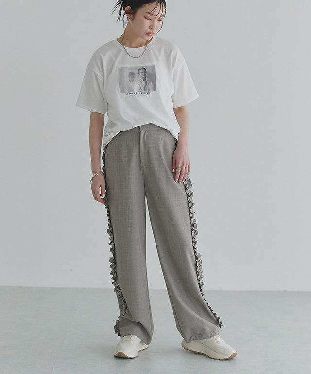 クラム ECLAM サイドフリルデザインパンツ (杢グレージュ) 杢グレージュ