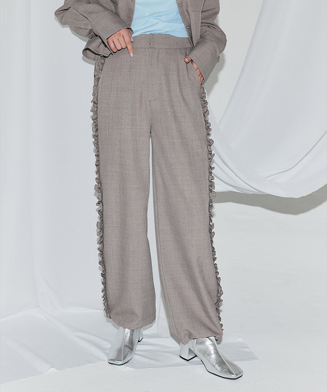 クラム ECLAM サイドフリルデザインパンツ (杢グレージュ) 杢グレージュ