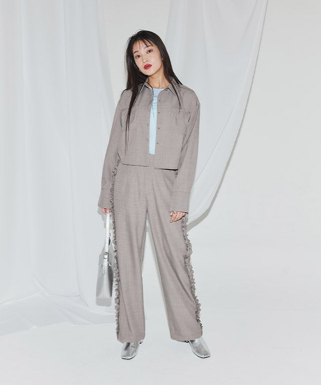 クラム ECLAM サイドフリルデザインパンツ (杢グレージュ) 杢グレージュ