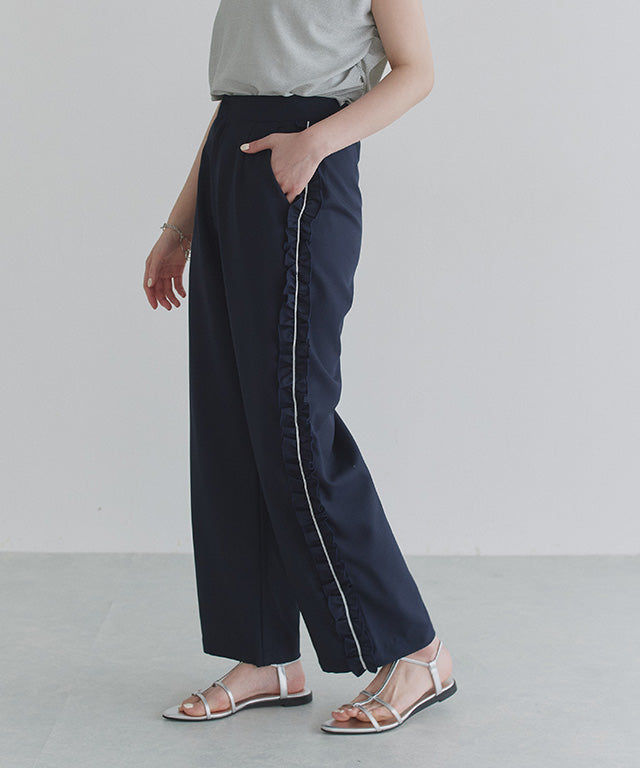 クラム ECLAM サイドフリルデザインパンツ (杢グレージュ) 杢グレージュ