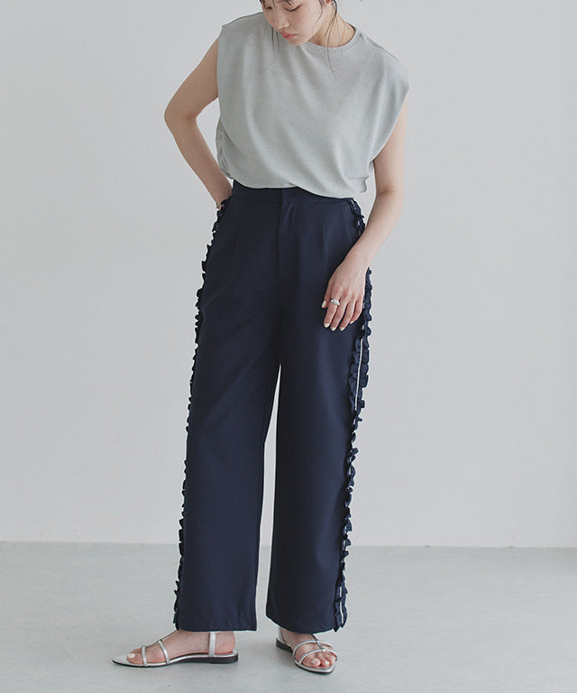 クラム ECLAM サイドフリルデザインパンツ (杢グレージュ) 杢グレージュ