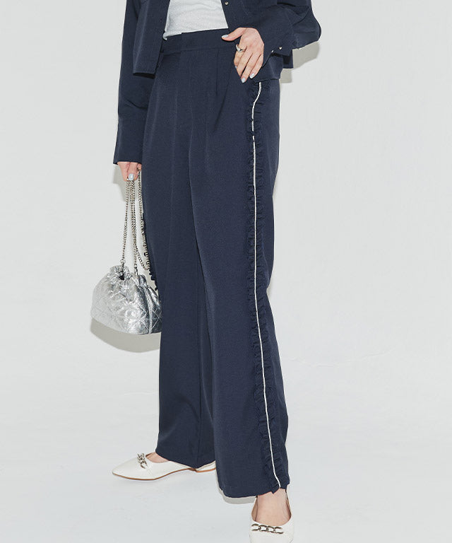 クラム ECLAM サイドフリルデザインパンツ (杢グレージュ) 杢グレージュ