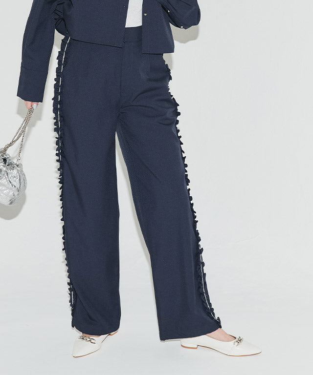 クラム ECLAM サイドフリルデザインパンツ (杢グレージュ) 杢グレージュ