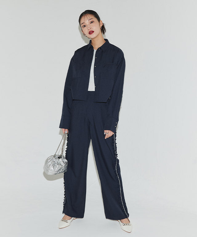 クラム ECLAM サイドフリルデザインパンツ (杢グレージュ) 杢グレージュ