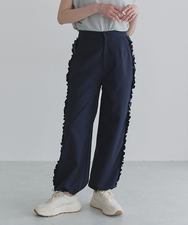 クラム ECLAM サイドフリルデザインパンツ (ネイビー) ネイビー