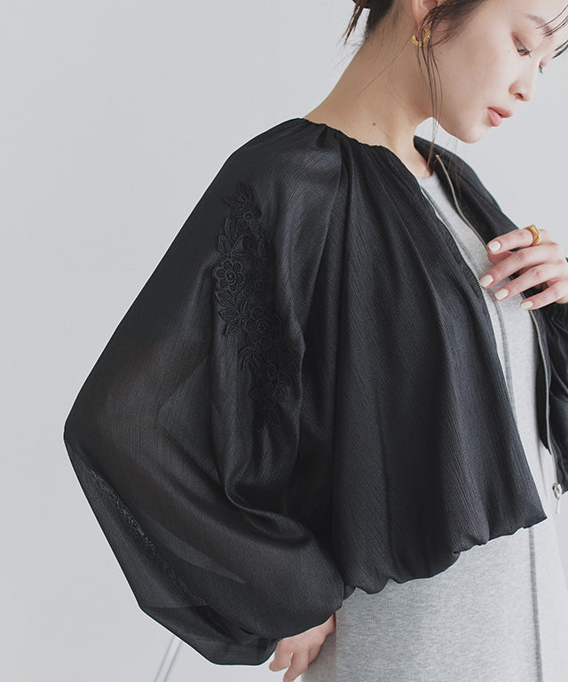 クラム ECLAM レース刺繍バルーンショートブルゾン (ブラック) ブラック