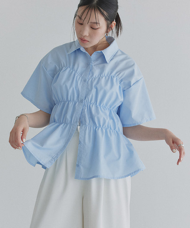 クラム ECLAM ウエストシャーリングデザインブラウス (ブルー) ブルー