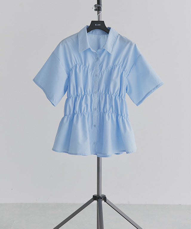 クラム ECLAM ウエストシャーリングデザインブラウス (ブルー) ブルー