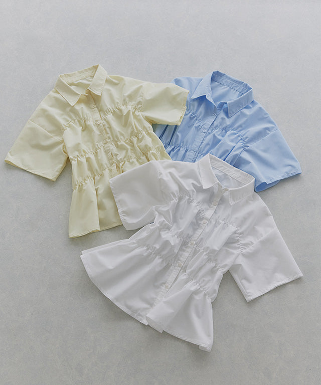 クラム ECLAM ウエストシャーリングデザインブラウス (ブルー) ブルー