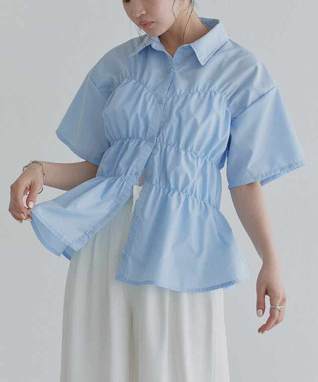 クラム ECLAM ウエストシャーリングデザインブラウス (ブルー) ブルー