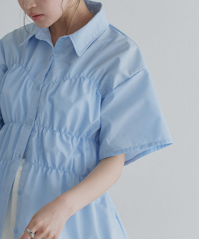 クラム ECLAM ウエストシャーリングデザインブラウス (ブルー) ブルー