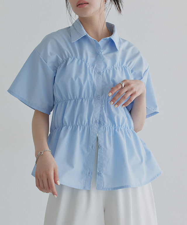 クラム ECLAM ウエストシャーリングデザインブラウス (ブルー) ブルー