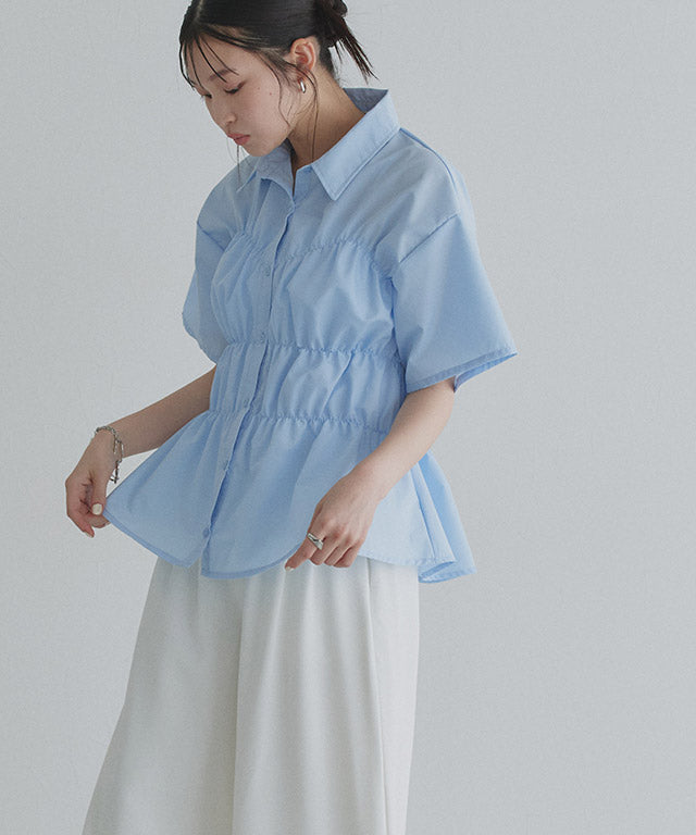 クラム ECLAM ウエストシャーリングデザインブラウス (ブルー) ブルー