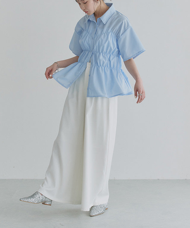 クラム ECLAM ウエストシャーリングデザインブラウス (ブルー) ブルー